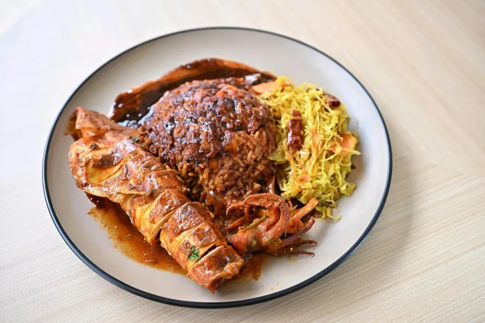 Meal Sotong at Yaseem — a whole squid in thick red curry gravy over banjir rice with turmeric cabbage
